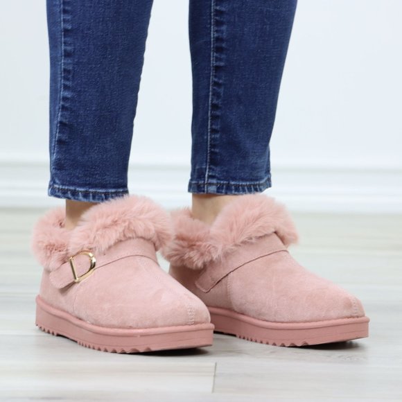 Faux Pink Suede Fuzzy Warm Ankle Booties Super Cozy Fully Lined - Picture 4 of 13